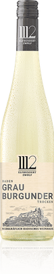 Eine Flasche Grau Burgunder aus Baden, elegant mit einem klaren, sprudelnden Inhalt und einem stilvollen Etikett.