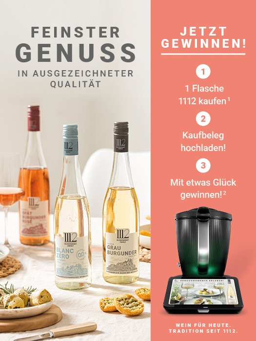 Mobiles Header-Banner für das 1112 Wein Gewinnspiel mit Weinflaschen, dem Thermomix TM7 und der Drei-Schritte-Anleitung.