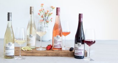 Die Szene zeigt eine stilvolle Präsentation von Weinen in Gläsern, begleitet von einer dekorativen Blume und frischen Beeren.