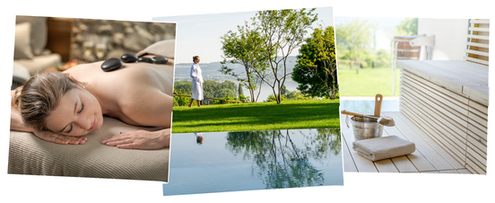 Zu sehen sind drei verschiedene Wellness-Motive: Eine Frau bei einer Massage, eine Frau die mit Bademantel neben einem Pool läuft und eine Sauna.