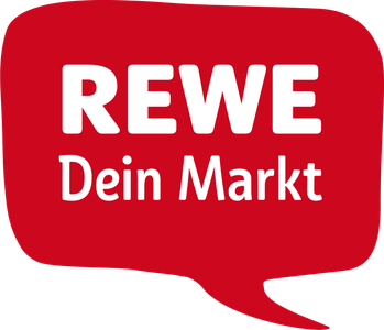 Das Logo von REWE zeigt den Slogan 'Dein Markt' in einer auffälligen roten Sprechblase, die einladend wirkt.