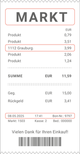 Ein Kassenbon mit dem Titel 'MARKT', der verschiedene Produkte und deren Preise auflistet, einschließlich eines Grauburgunders.