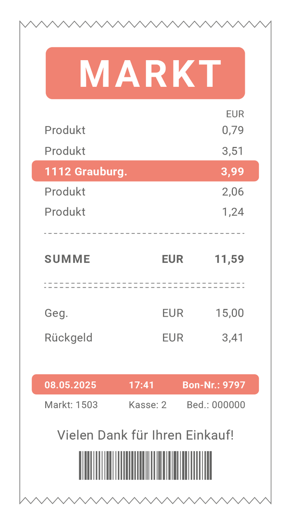 Illustrierter Muster-Kassenzettel mit der hervorgehobenen Position 1112 Grauburgunder als Nachweis für das Gewinnspiel.