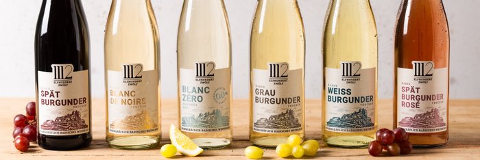 Sechs Flaschen Wein stehen auf einem Holztisch, jede mit einem einzigartigen Etikett und verschiedenen Farben.