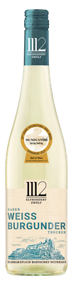 Eine elegante Flasche Weißburgunder mit einem blauen Etikett und einer goldenen Auszeichnung für den besten Wein.