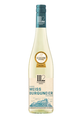 Eine elegante Flasche Weißburgunder mit einem blauen Etikett und einer goldenen Auszeichnung für den besten Wein.