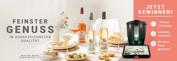 Breites Desktop-Header-Banner für die 1112 Wein Aktion mit gedecktem Tisch, Weinsortiment und Thermomix TM7.