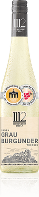 Ein edler Grau Burgunder Wein aus Baden, abgebildet in einer eleganten Flasche mit einem klaren, ansprechenden Etikett und Medaille.