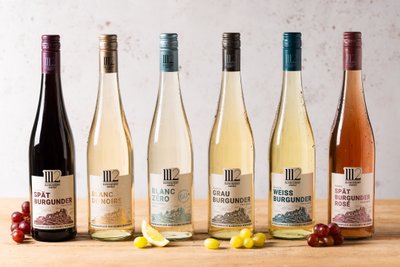 Sechs Flaschen Wein stehen auf einem Holztisch, jede mit einem einzigartigen Etikett und verschiedenen Farben.