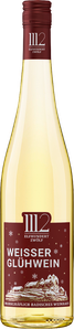 Eine Flasche weißen Glühwein mit einem festlichen Etikett, das winterliche Motive und den Schriftzug 'Weißer Glühwein' zeigt.