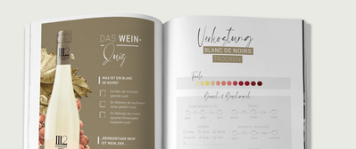Ein offenes Buch zeigt eine Weinbeschreibung mit einer Flasche Blanc de Noirs und Informationen zur Verkostung.